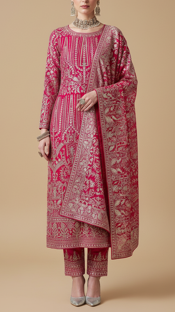 Pink Georgette Fabric With All Over Zari And Sequins Work With One Side Border 19089