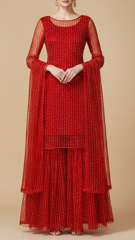 Red Net Fabric With All Over Pearl And Bead Work  15753