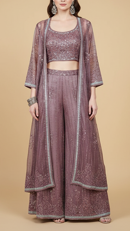 Blush Pink Imported Organza Satin Fabric With All Over Sequins, Katdana And Bead Work With One Side Heavy Border 16432