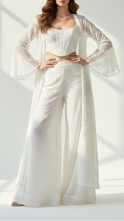 White Dyeable Georgette Fabric With All Over Zari, Sequins And Thread Work 21961