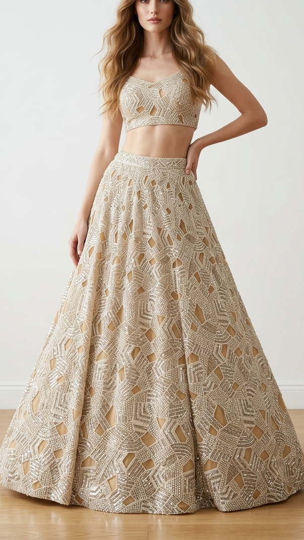 Cream Imported Net Fabric With All Over Sequins, Bead And Cutwork 21997