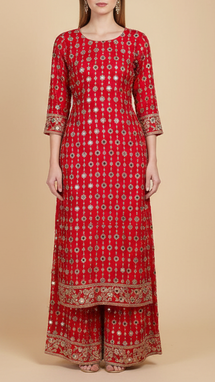Red Crepe Fabric With All Over Sequins, Katdana, Zari, Mirror And Bead Work With One Side Border 19990
