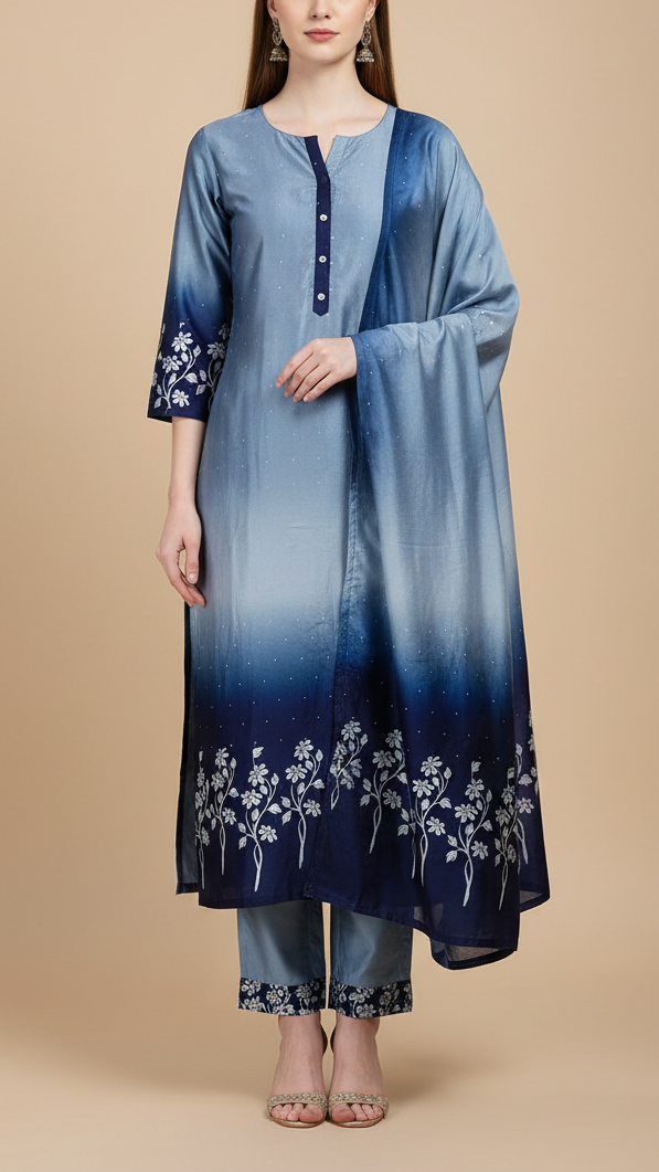 Navy Blue Silk Fabric With All Over Ombre Shade And Floral Print With Bead And Sequins Work 19964