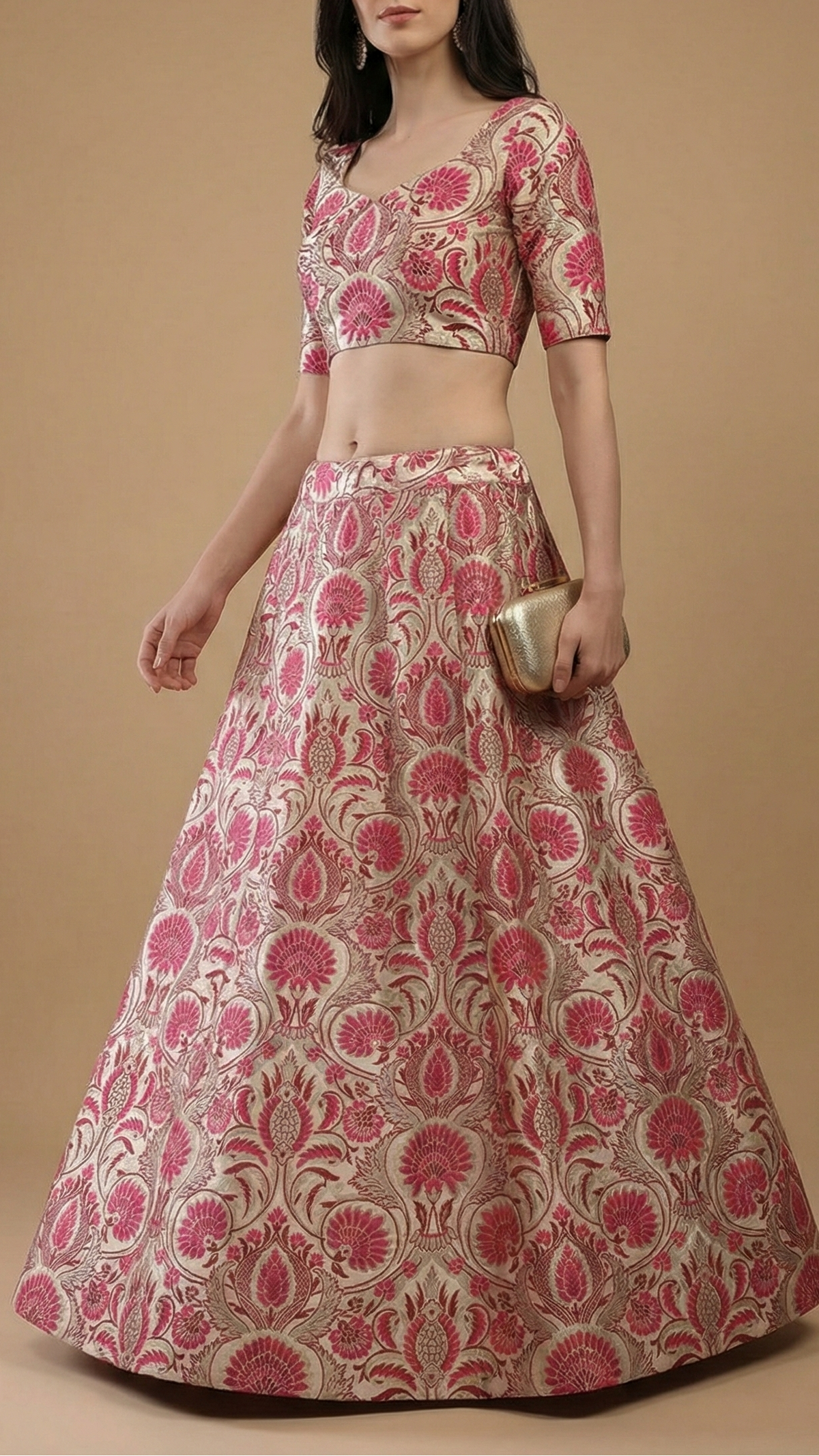 Cream Pure Banarasi Brocade Fabric With Thread And Zari Handloom 20178