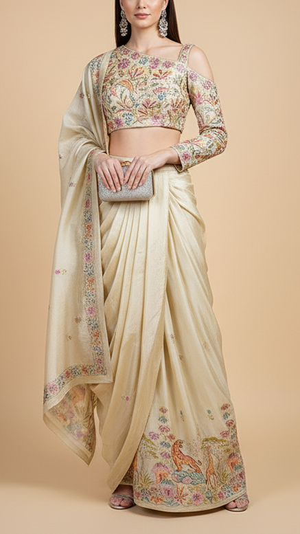Golden Dyeable Tissue Fabric With All Over Zari, Sequins And Thread  Work With One Side Border 19934