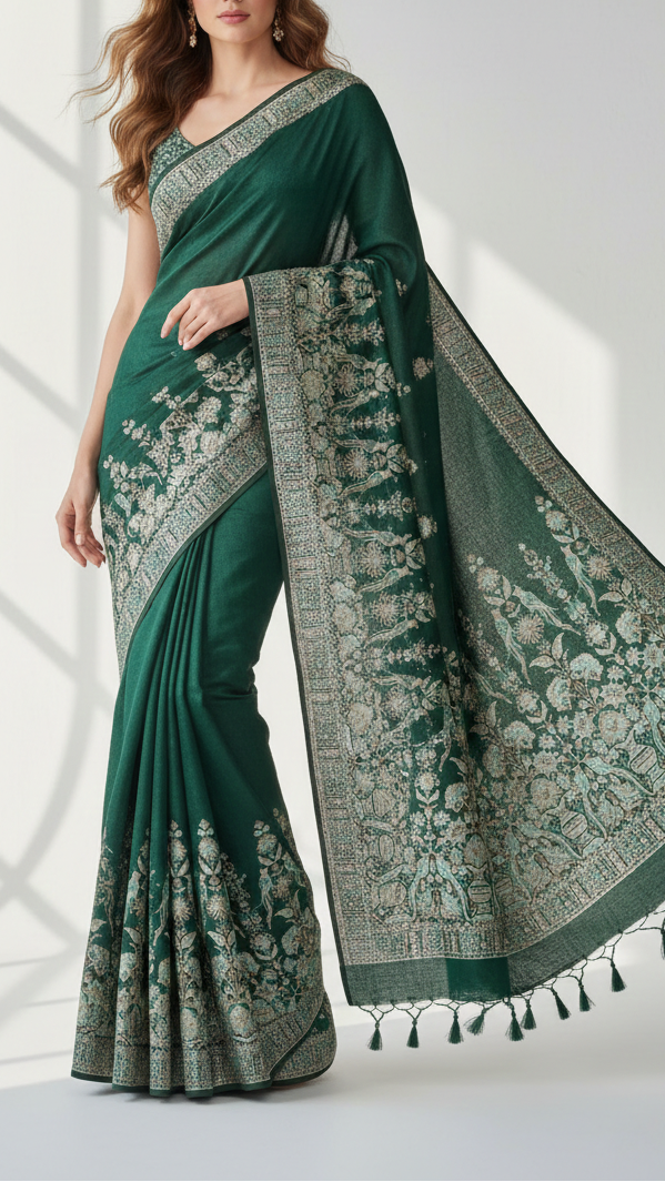 Bottle Green Georgette Fabric With Allover Sequins And Thread Work With One Side Heavy Border 16188