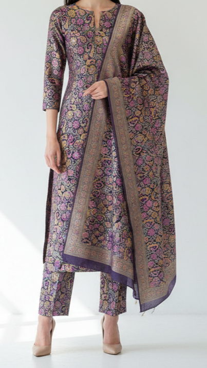 Navy Blue Banarasi Brocade Fabric With All Over Thread And Zari Handloom 20791