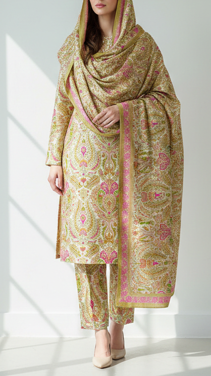 Cream Pure Banarasi Brocade Fabric With All Over Thread And Zari Handloom 21527