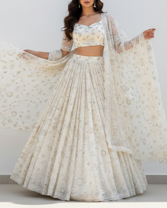 White Dyeable Georgette Fabric with Allover Thread and Katdana Work 21043