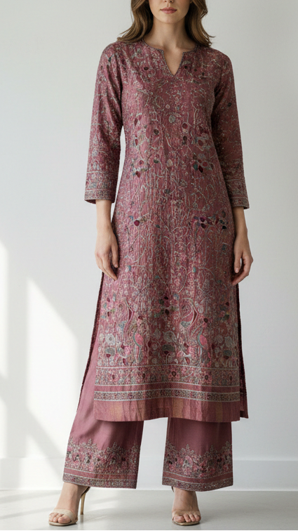 Wine Silk Fabric With Allover Thread Work 16129