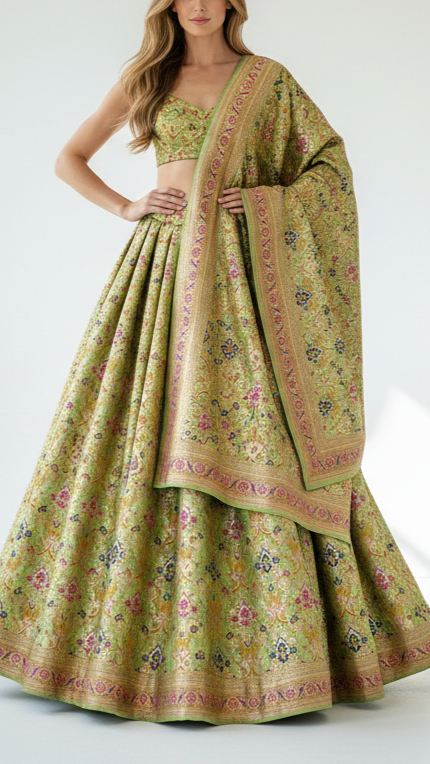 Pista Green Pure Banarasi Brocade Fabric With All Over Thread And Zari Handloom 21539