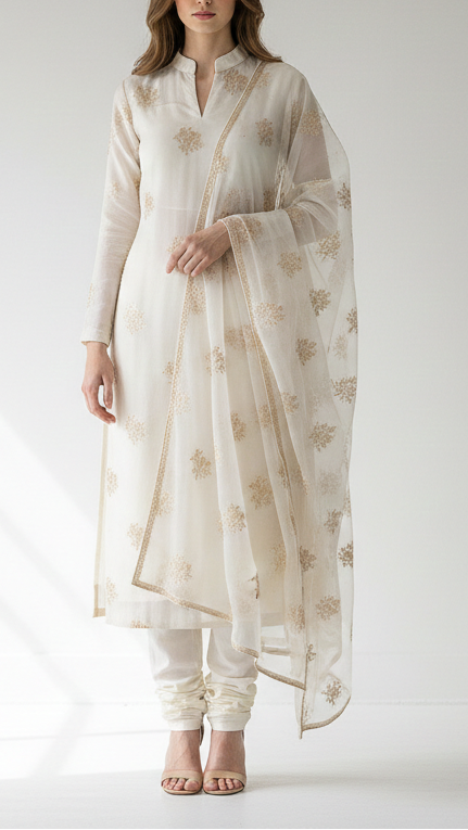 White Dyeable Organza Satin Fabric With All Over Zari Handloom 21701