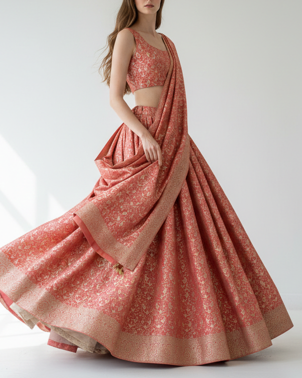 Red Banarasi Brocade Fabric With All Over Zari Handloom 21915