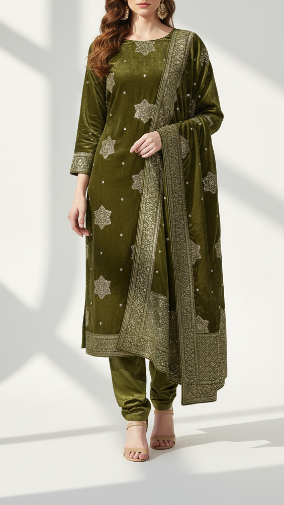 Mehendi Green Velvet Fabric With All Over Buti Of Sequins, Katdana and Bead 20985