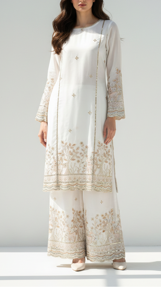 White Dyeable Organza Fabric With All Over Buti Of Sequins, Bead, Katdana And Zari Work With One Side Scalloped Border 21717