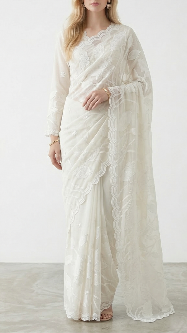 White Dyeable Kora Cotton Fabric With Allover Thread And Patch Work With One Side Scalloped Border 22156