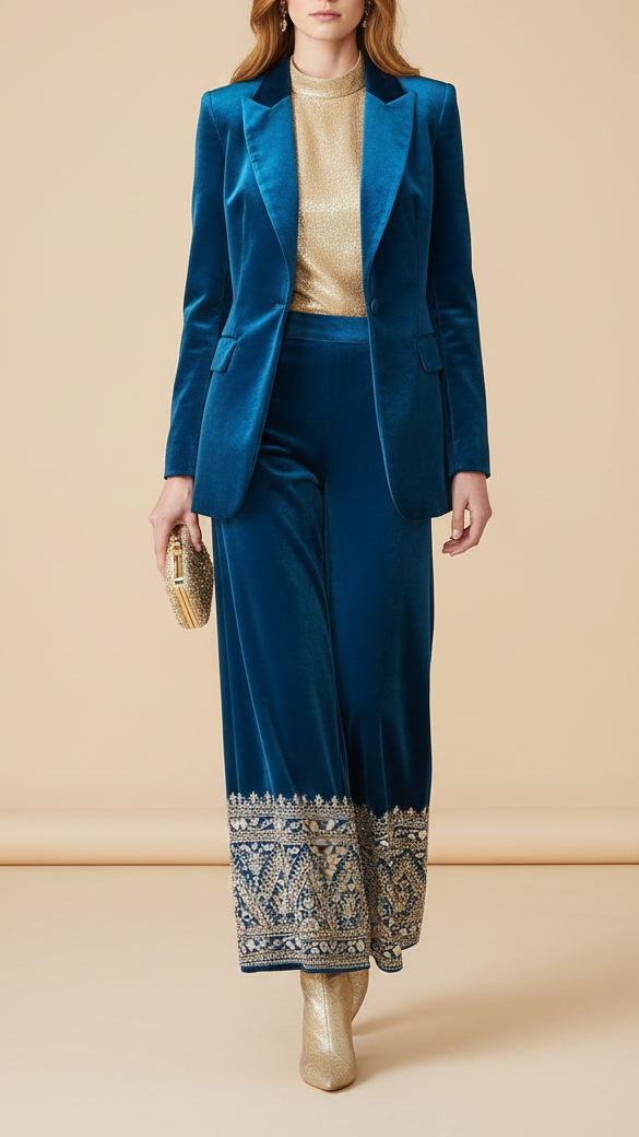 Peacock Blue Velvet Fabric With One Side Heavy Border Of Zari And Sequins 20513