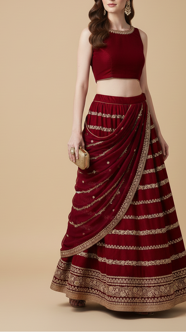 Wine Velvet Fabric With All Over Golden Zari Work With One Side Border 20534