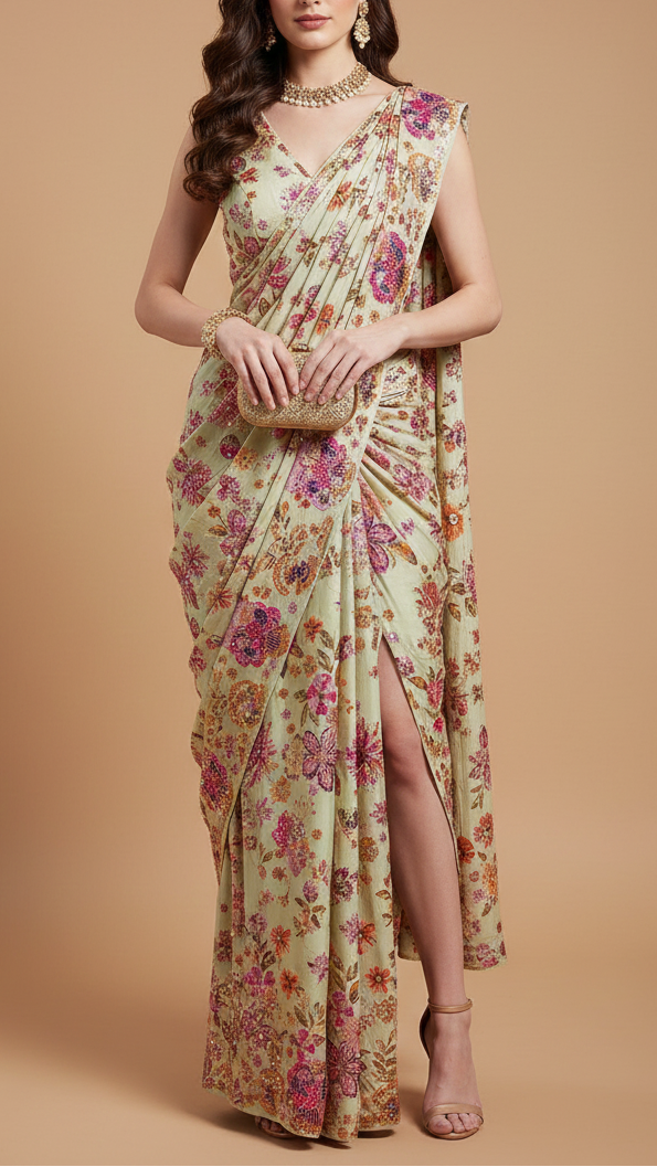Pista Green Crepe Fabric With All Over Floral Print And Zari, Sequins Work 20464