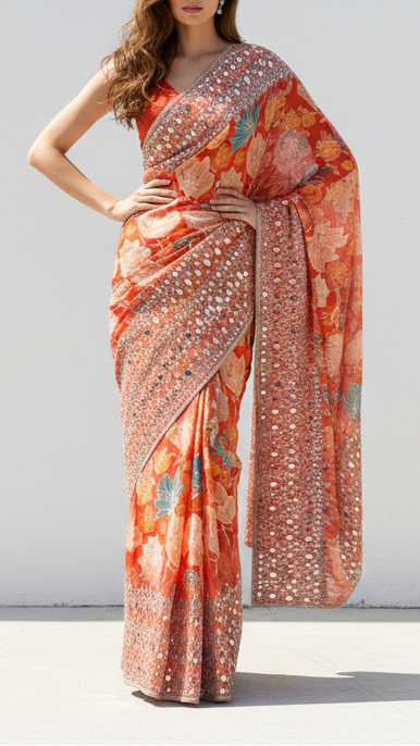 Rust Tissue Fabric With All Over Floral Print And One Side Bead, Sequins, Zari And Faux Mirror Border 20305
