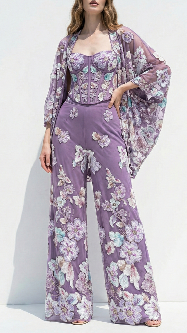 Lavender Imported Net Fabric With All Over Bead And Ribbon Work 22099
