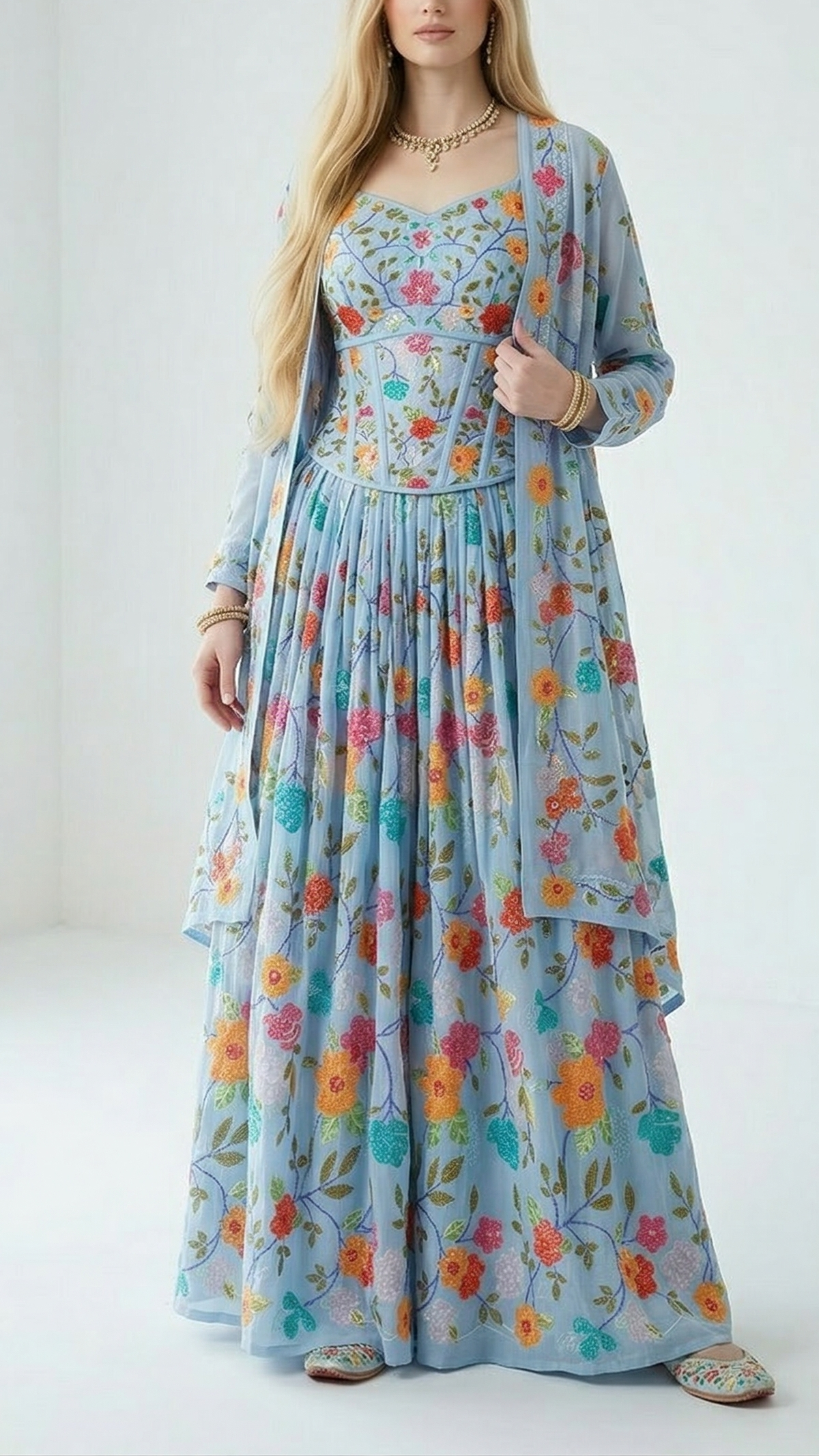 Blue Muslin Fabric With All Over Sequins And Thread Work 22486