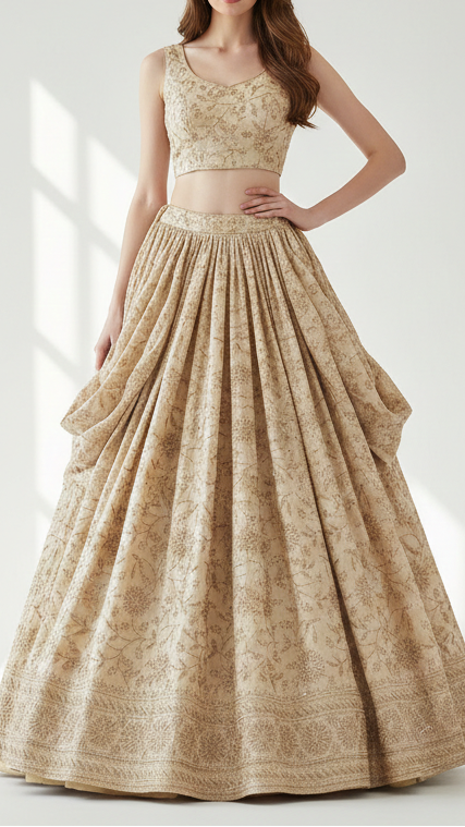 Golden Dyeable Tissue Fabric With All Over Zari And Katdana Work With One Side Border 21487