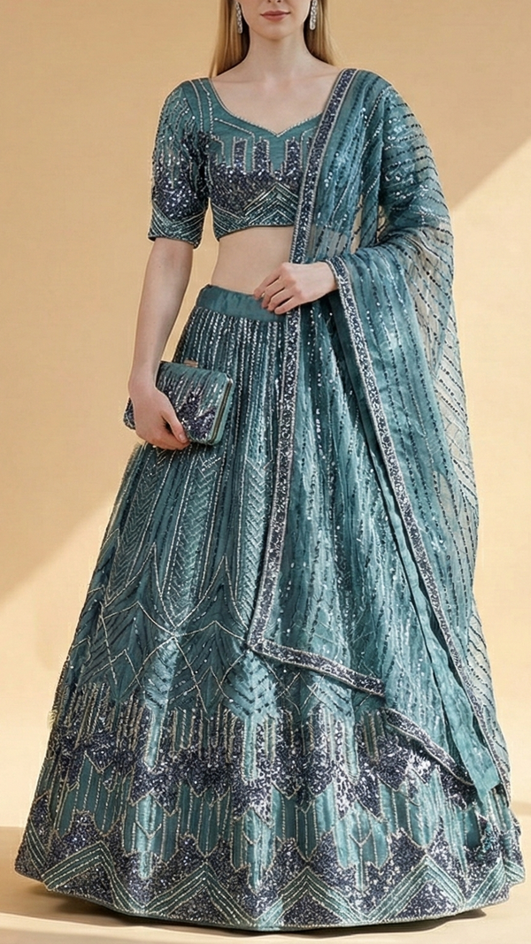 Deep Aqua Imported Organza Satin Fabric with All Over Katdana and Sequins Flowers 12815