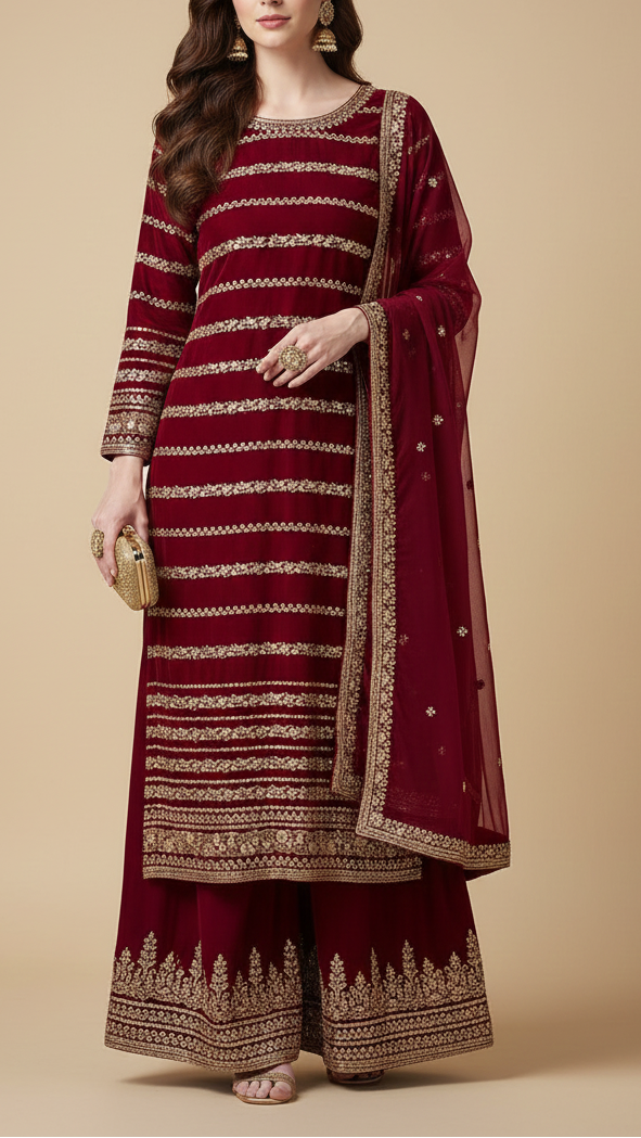 Wine Velvet Fabric With All Over Golden Zari Work With One Side Border 20534