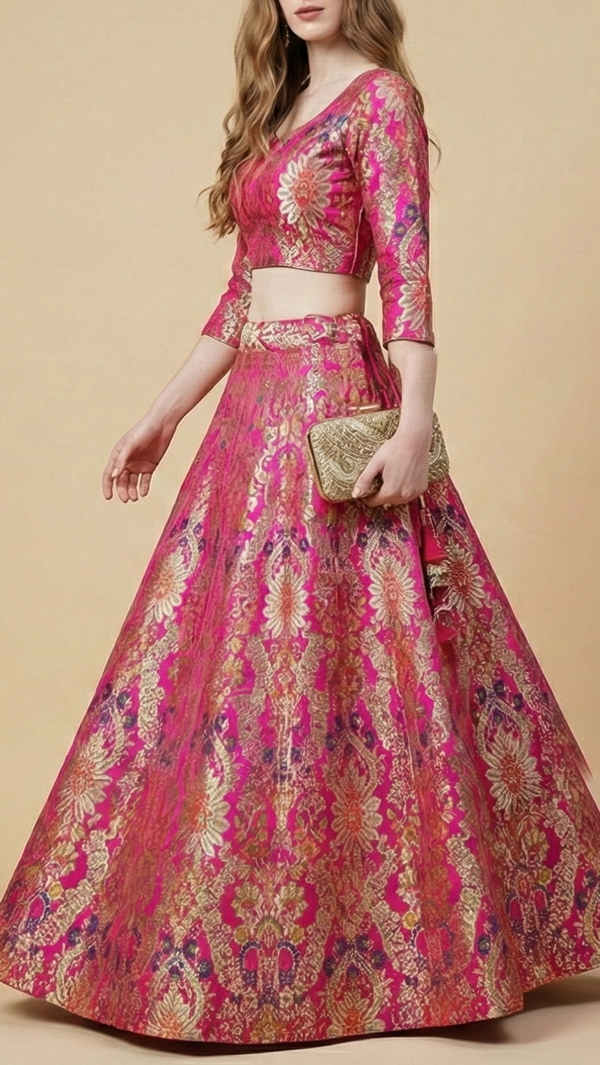 Rani Pink Pure Banarasi Brocade Fabric with Allover Golden Zari Handloom 20433