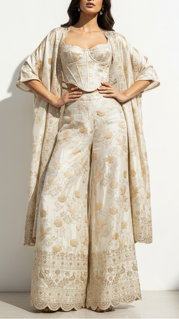 Golden Dyeable Tissue Fabric With All Over Zari Handloom And One-Side Sequins And Zari Work Scalloped Border 21697