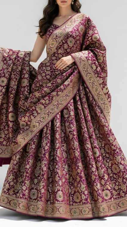 Purple Banarasi Brocade Fabric With All Over Thread And Golden Zari Handloom 20763