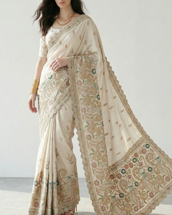 White Dyeable Dola Silk Fabric With All Over Zari, Sequins, Bead, Katdana And Multi Color Thread Work With One Side Scalloped Border 21964