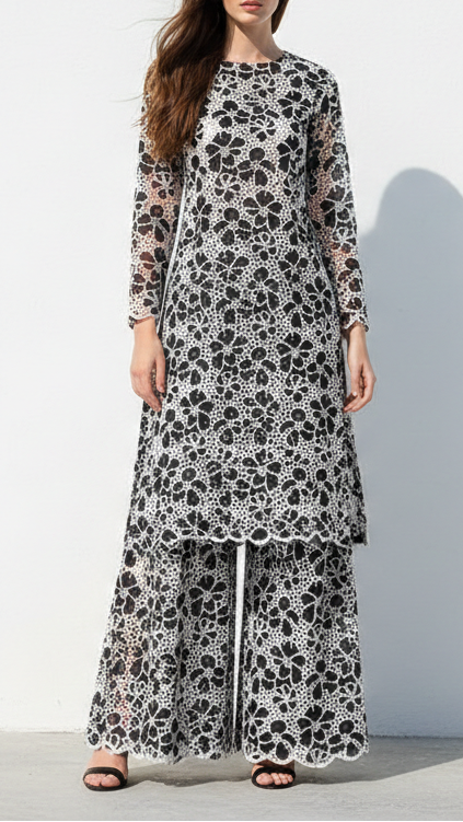 Black Cotton Fabric With All Over Thread And Cutwork With Scalloped Edges 21886