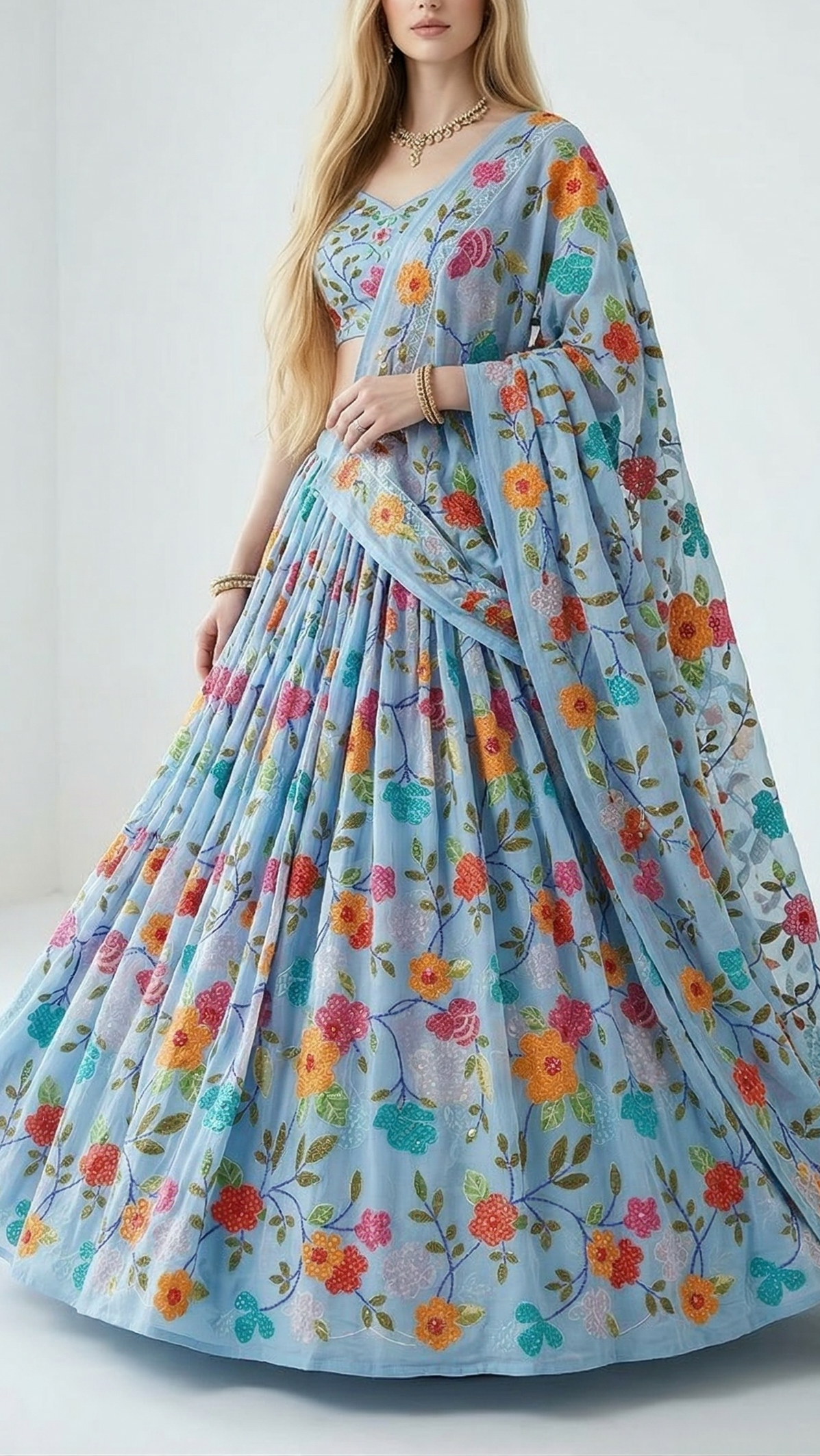 Blue Muslin Fabric With All Over Sequins And Thread Work 22486