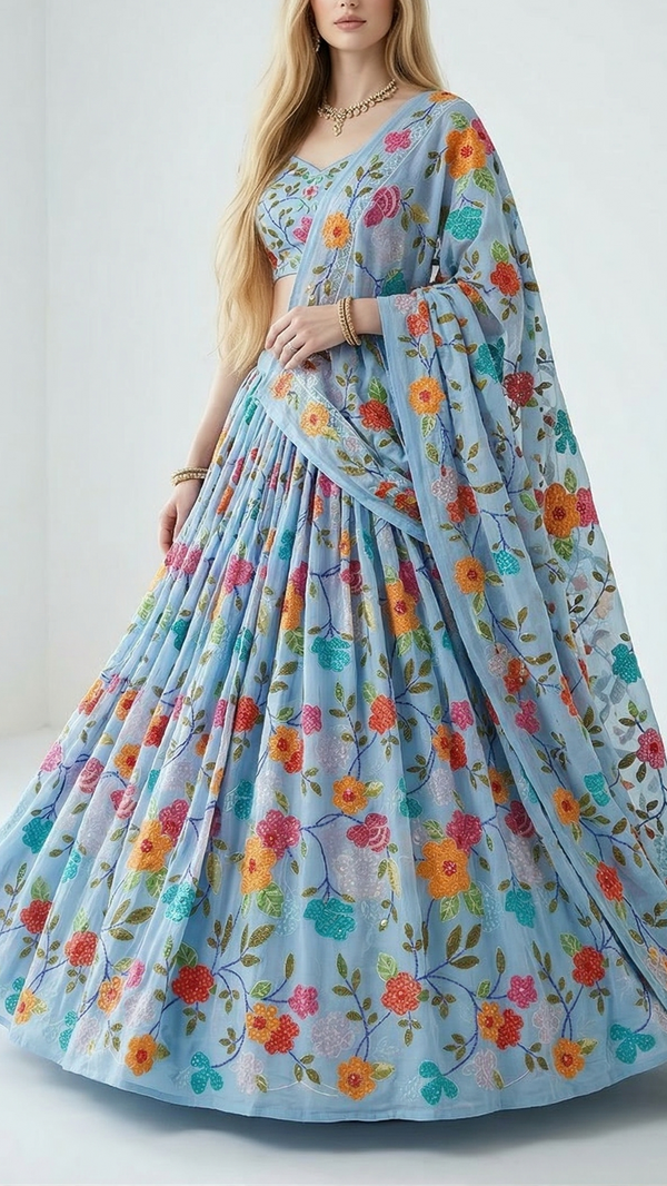 Blue Muslin Fabric With All Over Sequins And Thread Work 22486