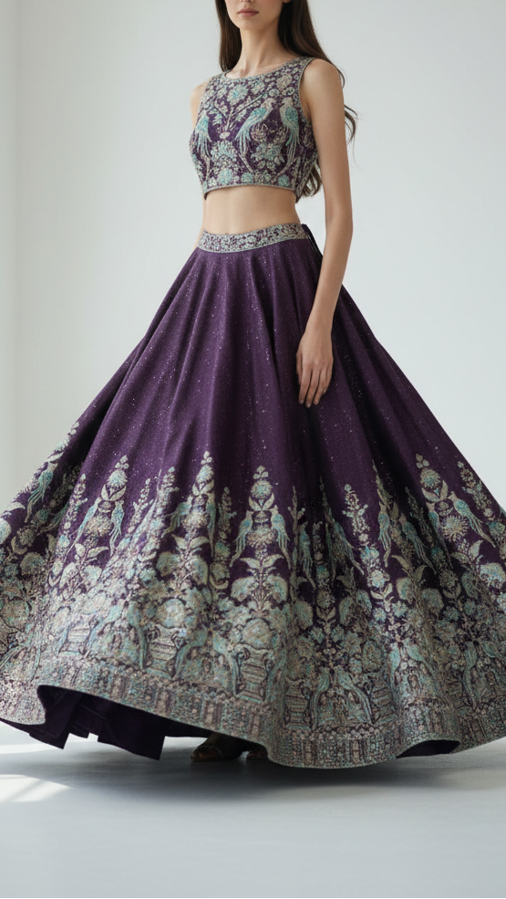 Purple Georgette Fabric With Allover Sequins And Thread Work With One Side Heavy Border 16187