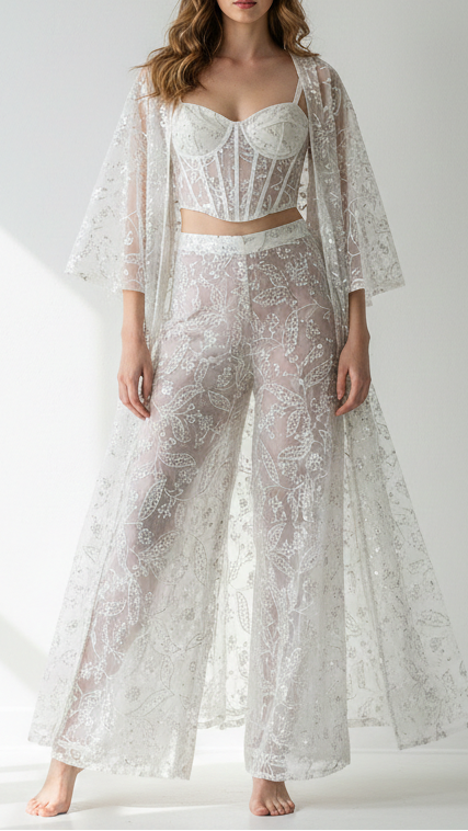 White Dyeable Georgette Fabric With All Over Thread, Katdana And Sequins Work 21566