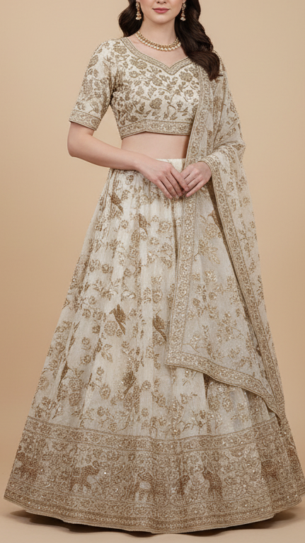 White Dyeable Georgette Fabric With All Over Bird Motif Of Zari, Sequins, Katdana And Bead Work With One Side Elephant Motif Border 19989
