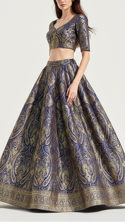Navy Blue Banarasi Brocade Fabric With All Over Golden Zari Handloom 21845