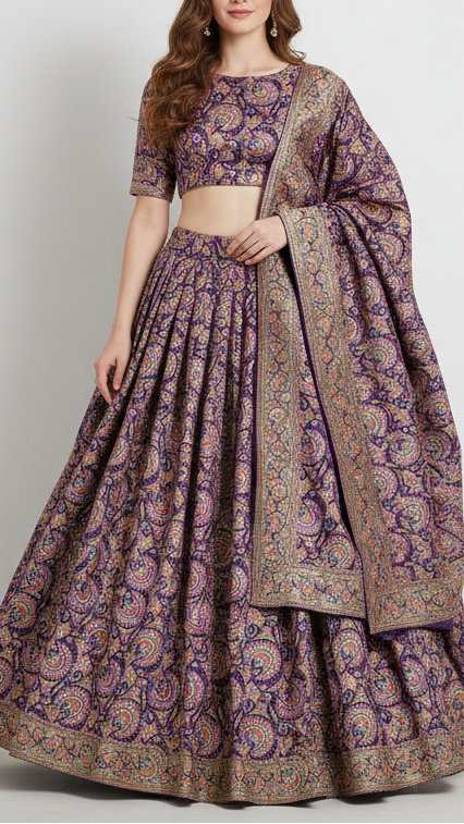 Purple Silk Fabric With Traditional Print With Golden Zari Work 20310