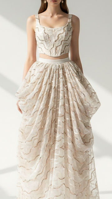 White Dyeable Organza Fabric with Allover Strips of Golden Katdana, Sequins and Bead Work 21097