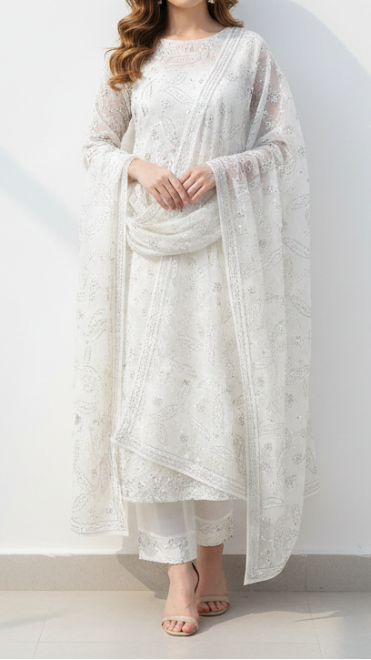 White Dyeable Georgette Fabric With All Over Thread, Katdana And Sequins Work 21566