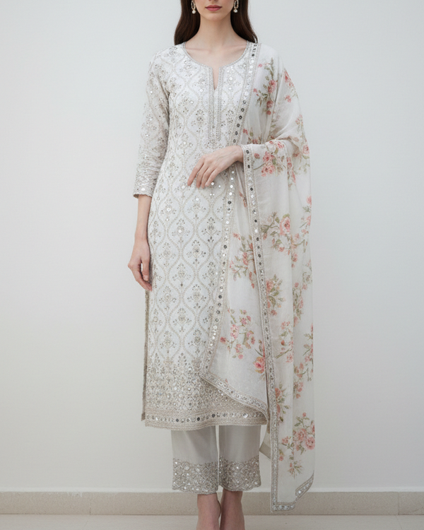 White Dyeable Silk Fabric With All Over Zari, Faux Mirror And Sequins Work With One Side Border 21587