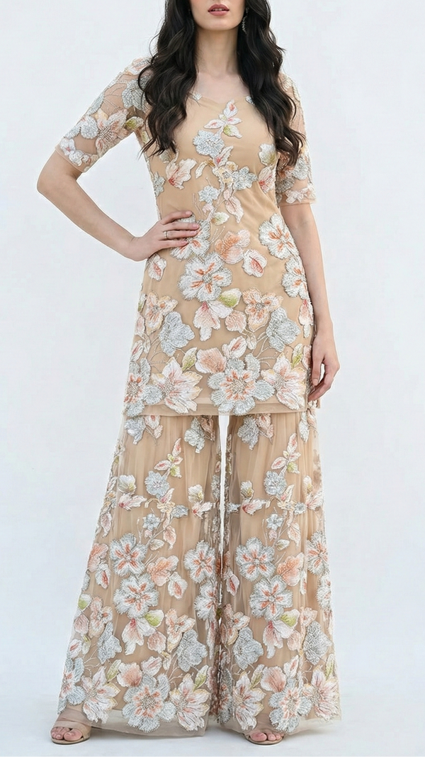 Beige Imported Net Fabric With All Over Bead And Ribbon Work 22096