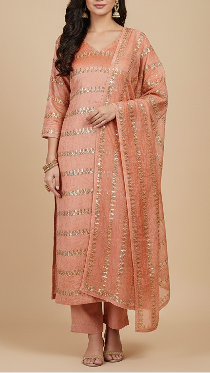 The Noor - Peach Tissue Fabric With Eternal Stripes Of Katdana, Sequins And Bead Work | 16196