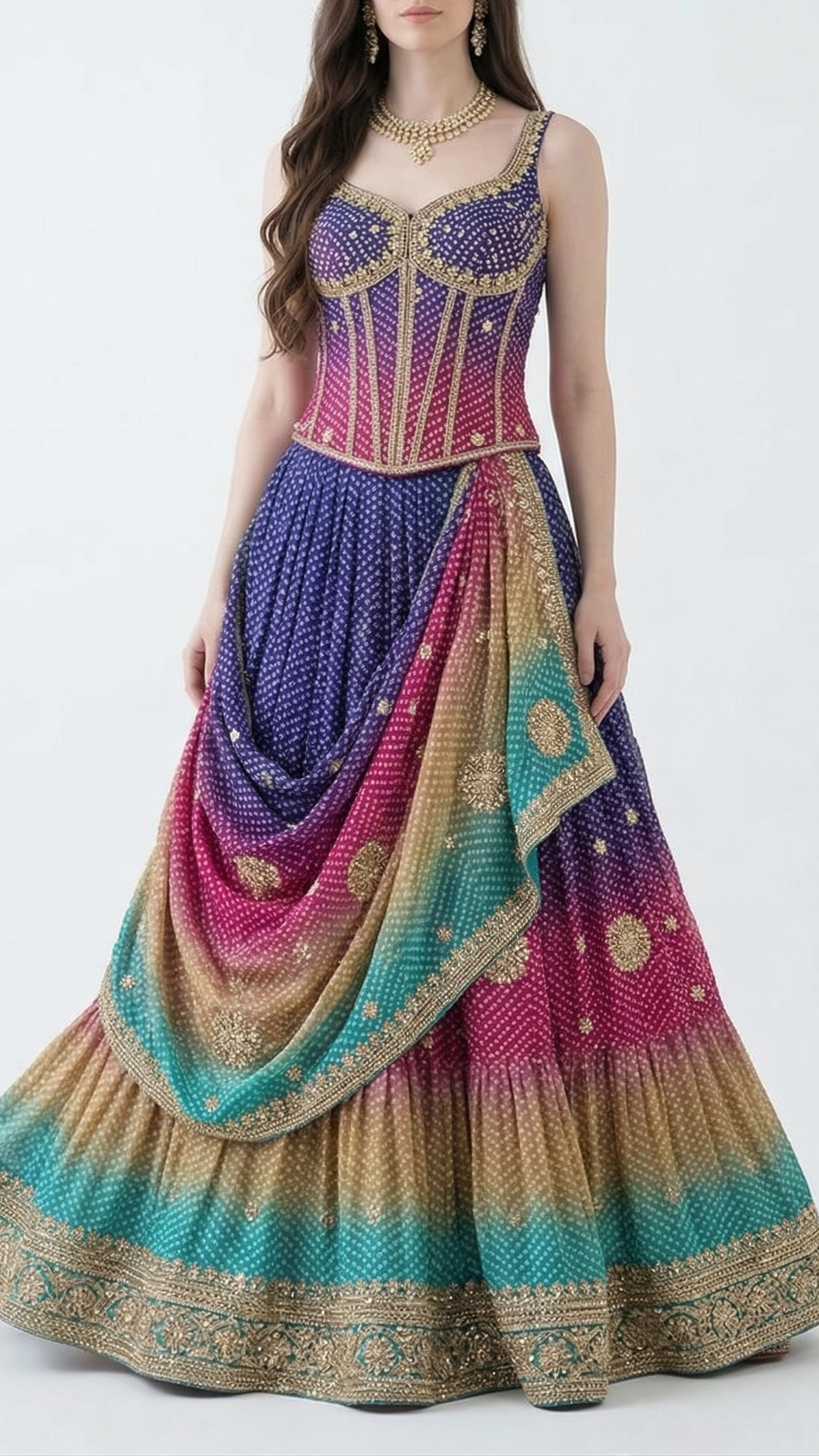 Multi-Color Chinon Chiffon Fabric With All Over Bandhani Print, Bead, Sequins And Katdana Work 22420