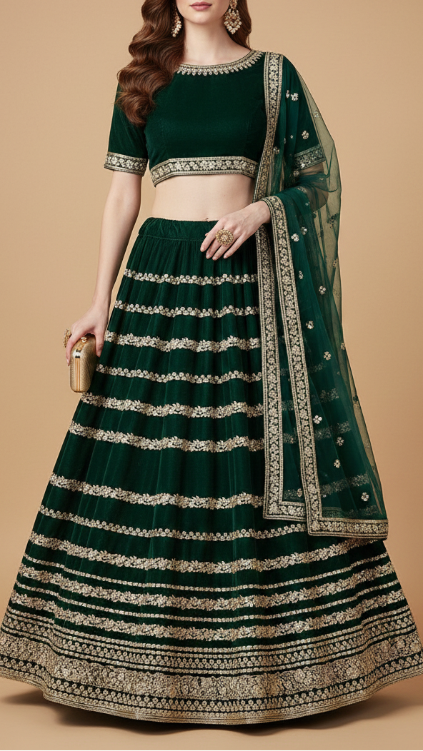 Bottle Green Velvet Fabric With All Over Golden Zari Work And One Side Border 20535