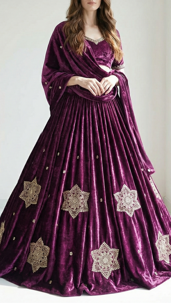 Purple Velvet Fabric With All Over Buti Of Sequins, Katdana and Bead 20987