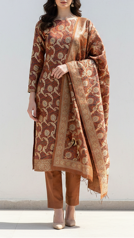 Light Brown Banarasi Brocade Fabric With All Over Thread And Zari Handloom 21278